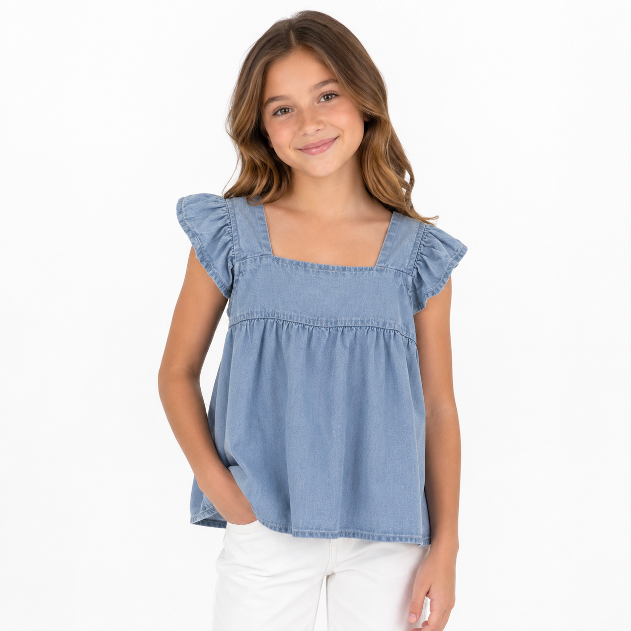 Chambray Ruffle Cap Sleeve